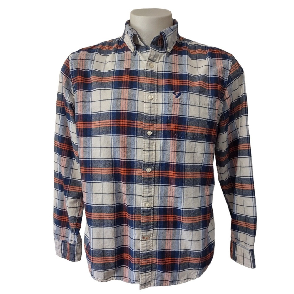 American Eagle Shirt Men's Large Gorp Core Cabin Plaid Blue Orange Button‎ Down